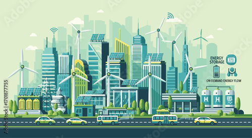 Embrace a sustainable future with wind turbines and solar panels in a modern cityscape promoting green energy solutions for a cleaner planet, Generative AI.