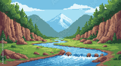 Pixelated Mountain River Landscape