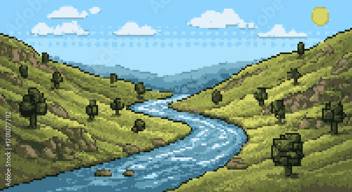 Pixelated Landscape, River, and Sky