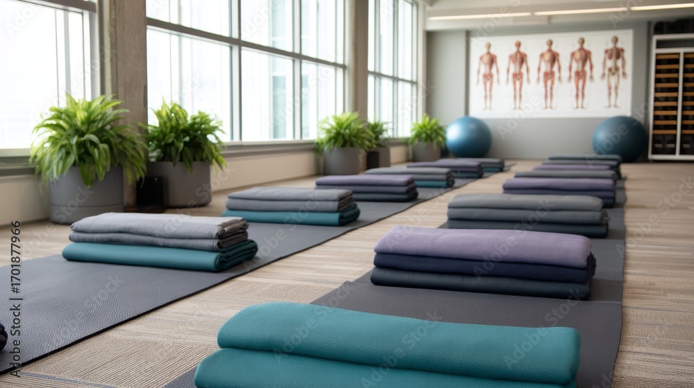 custom made wallpaper toronto digitalA serene yoga studio with neatly arranged mats and rolls, featuring large windows and greenery, designed for relaxation and wellness.