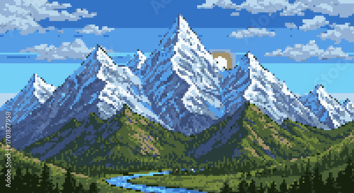 Pixelated Mountain Range Under a Blue Sky
