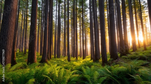 Wallpaper Mural A serene forest scene with tall trees and sunlight filtering through, illuminating lush ferns on the forest floor. Torontodigital.ca
