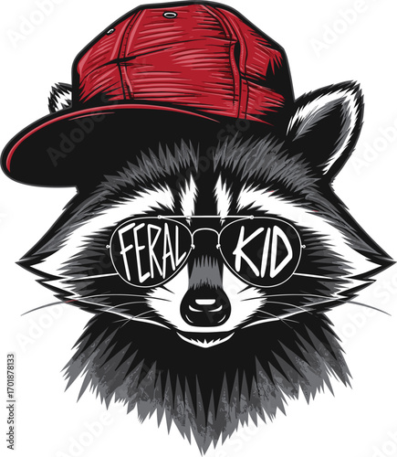 Raccoon Wearing Red Baseball Cap and Sunglasses with Feral Kid Text animal wildlife