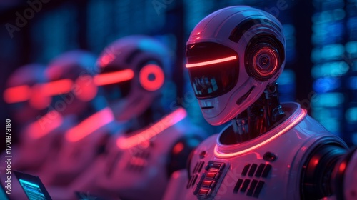 Wallpaper Mural Futuristic robots with glowing accents stand in a tech environment, showcasing advanced artificial intelligence and sleek design. Torontodigital.ca