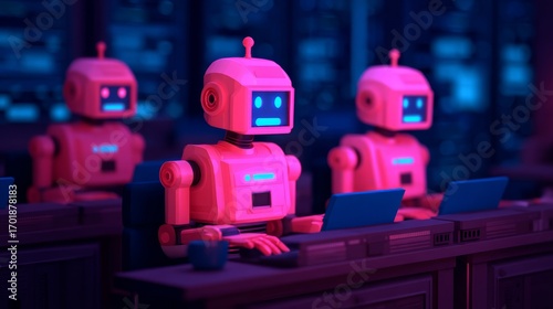 Wallpaper Mural A group of colorful robots working on computers in a futuristic setting, illuminated by vibrant blue and pink lights. Torontodigital.ca