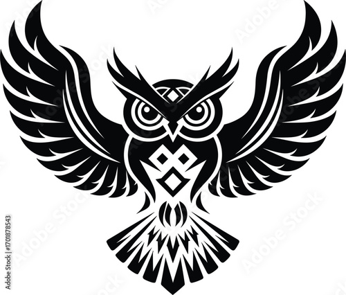 Black tribal owl with spread wings and ornate chest detail black and white wings spread
