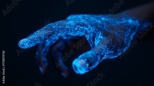 Wallpaper Mural A futuristic hand covered in glowing blue digital lines, symbolizing technology and connectivity in a dark background. Torontodigital.ca