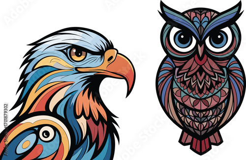 Stylized eagle head and owl face with colorful geometric feather patterns bird animal