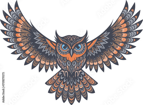 Stylized owl with outstretched wings and intricate feather patterns bird feathers