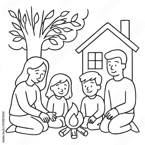 Cozy Family Bonfire Coloring Book Outlines