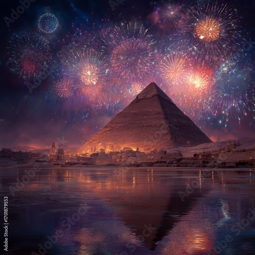 Pyramids & Fireworks: A vibrant display of fireworks illuminates the majestic pyramids, casting a mesmerizing glow over the ancient landscape and reflective water. 