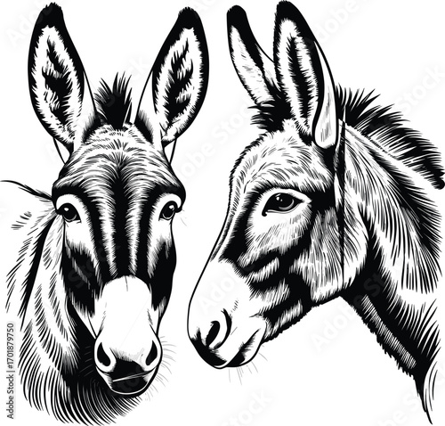 Two donkey heads black and white illustration animal portrait