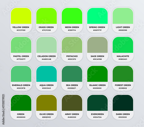 Green color codes shades guide palette catalog with color names