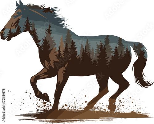Horse silhouette filled with forest landscape running through mud trees