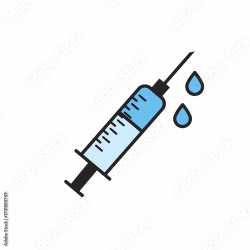 Flat vaccine syringe vector design with a droplet, medical blue color, isolated on a white background, simple and modern, science and health theme.