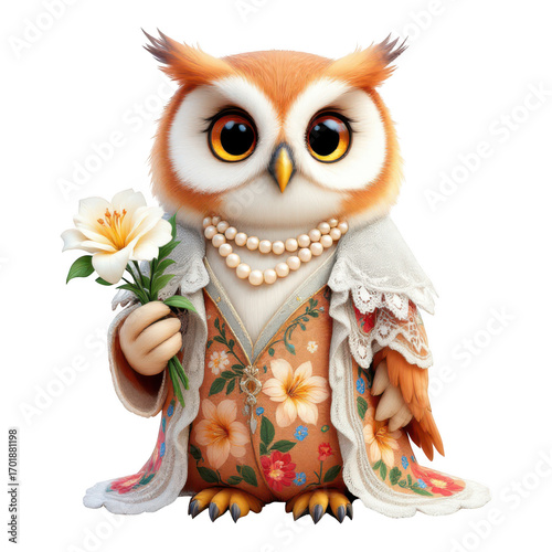 Charming Owl in Floral Attire with Pearls and White Flower.