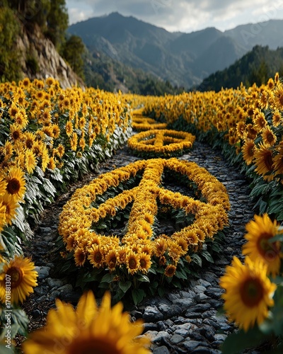 A field of sunflowers arranged in a giant peace symbol, golden hour lighting