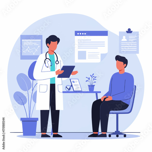 Doctor and patient consultation scene: kind doctor talking to a patient, flat character design, calming blue tones.
