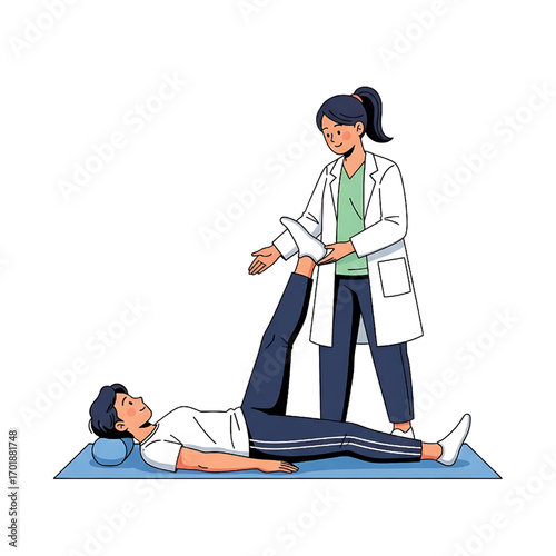 Physiotherapist helping patient with leg exercise on blue mat, healthcare concept