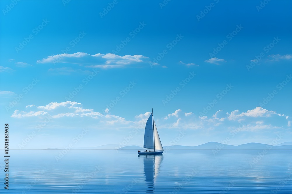 Obraz premium Solitary sailboat drifting on tranquil azure sea under clear sky, peaceful nautical seascape, serene ocean horizon, maritime travel and leisure concept, 8K ultra high resolution