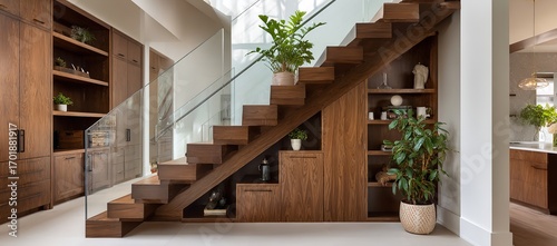 Contemporary Stair Design with Smart Storage Solutions, Wooden Steps, Glass Details, and Greenery for Organized Home Space