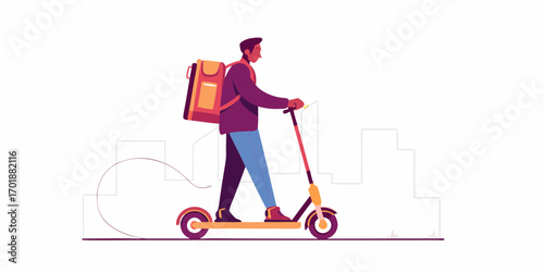 Delivery person with insulated backpack riding an electric scooter through a stylized city landscape