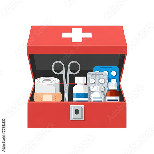 Red First Aid Kit with Medical Supplies Healthcare Emergency Concept