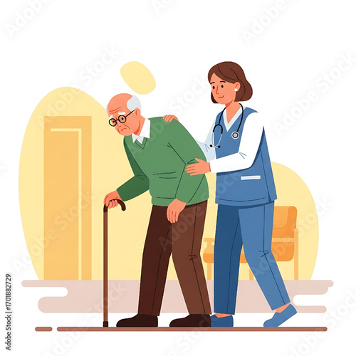 Senior Man Assisted by Nurse with Walking Stick for Healthcare Support Assistance