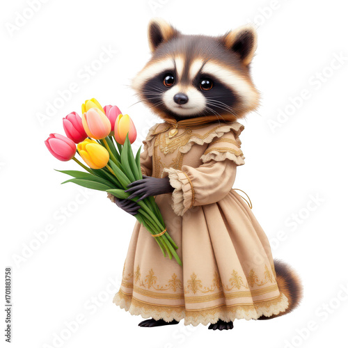Charming Raccoon in Elegant Dress Holding a Bouquet of Colorful Tulips.