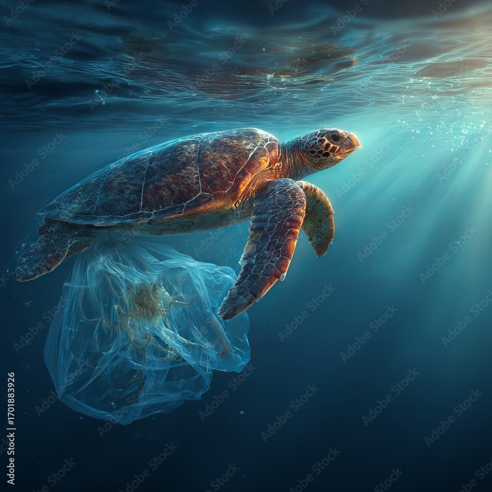 Fototapeta premium Sea Turtle and Pollution: A poignant image of a majestic sea turtle swimming through a polluted ocean. This powerful photo illustrates the urgent need for conservation and marine life protection.