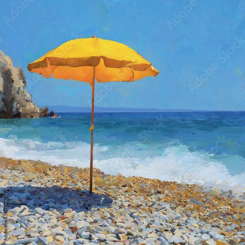 Sunny Beach Solitude: An inviting, vivid yellow beach umbrella stands gracefully on a serene seashore, inviting you to relax and enjoy the beautiful scene, creating a sense of calm. 