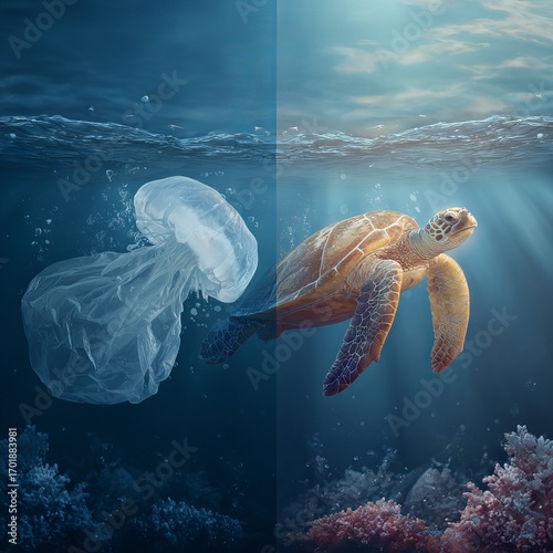 Ocean's Dichotomy: A poignant split-screen reveals the stark contrast between a majestic sea turtle thriving in a vibrant underwater world and a jellyfish-like plastic bag.