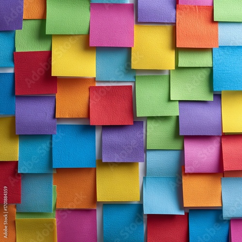 Colorful Note Abstract: A vivid array of sticky notes, meticulously arranged to create a captivating mosaic of colors and textures, symbolizing ideas, reminders, and a canvas for creativity.