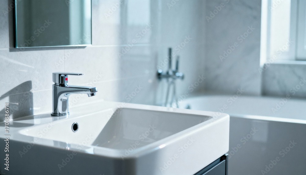 Fototapeta premium Modern Bathroom Interior with Stylish Sink, Faucet, and Bathtub in a Bright, Contemporary Design