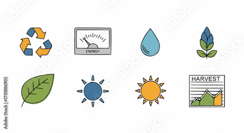 Icons representing eco-friendly energy, sustainability, and natural resources for a greener future