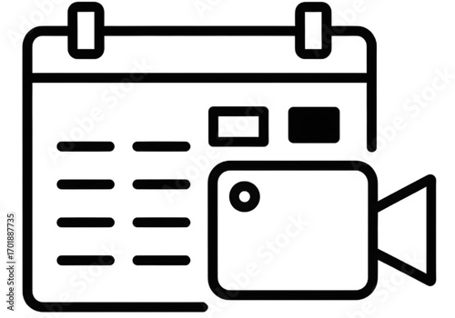 Minimal icon of a calendar with a video camera, no background, no shadow, black line style PNG