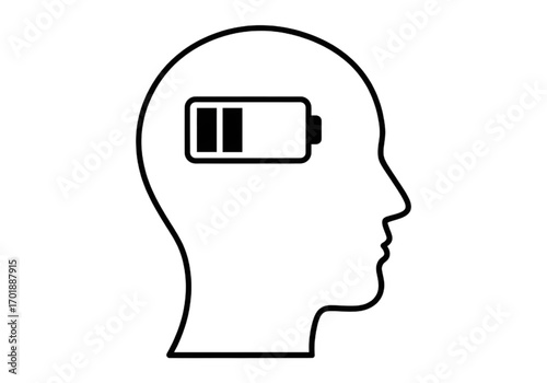 Minimal icon of a battery symbol with low power inside a head, no background, no shadow, black line style PNG