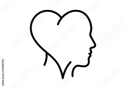 Minimal icon of a heart merging with a head outline, no background, no shadow, black line style PNG