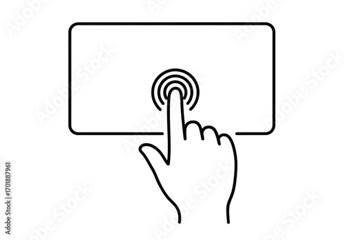 Minimal icon of a hand touching a digital screen, NO background, no shadow, black line style PNG