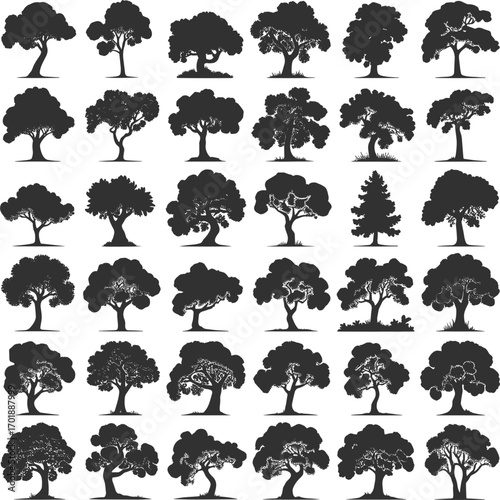 Collection of diverse black tree silhouettes on white background nature