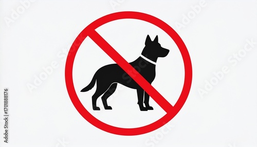 Minimalist prohibition sign, dog silhouette icon inside bold red circle with diagonal line.