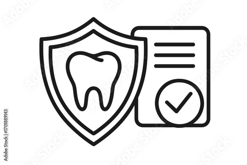 Dental insurance plan icon. Tooth protection shield and approved policy document. Health care concept. Stomatology treatment guarantee symbol for web. Medical vector logo.
