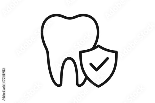 Dental insurance icon. Tooth protection symbol. Oral health care and hygiene concept. Dentistry medicine sign. Shield with check mark for secure dental plan and treatment.