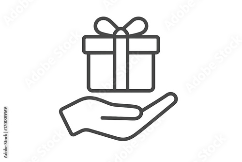 Giving a gift icon. Hand holding a present box with a ribbon bow. Concept of charity, donation, surprise or a bonus reward from a loyalty program. Vector line illustration.