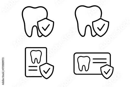 Dental insurance vector icon set. Tooth protection and security concepts. Health care plan, medical policy document, and dentist card symbols. Outline pictogram illustration.