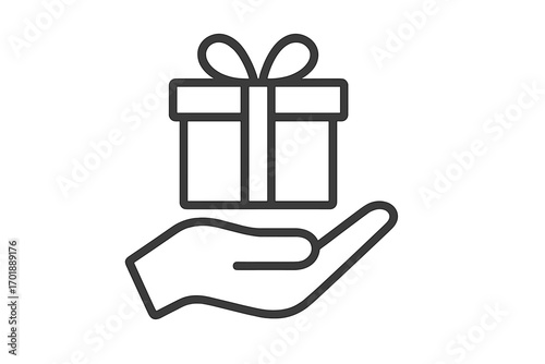 Hand giving gift box line icon. Present in palm symbol for charity, donation, surprise, love. Vector logo for bonus, loyalty program, birthday greeting or special offer.