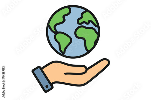 Hand holding Earth. Save the world concept. Symbol of care, ecology, environment protection, sustainability, and global help. Earth Day vector cartoon illustration icon.