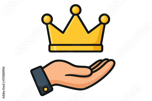 Hand holding crown. Metaphor for power, success, victory, and royalty. Premium quality, VIP service, and leadership concept. Best choice award. Isolated vector icon.