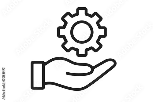 Hand holding gear icon. Service and support symbol. Technology and engineering concept. Offering a solution for industrial development. Settings or process sign. Vector line art.