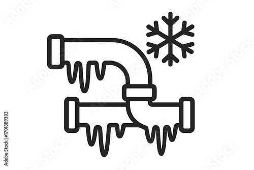 Frozen pipe outline icon. Winter plumbing problem with icicles and snowflake. Cold temperature water system damage concept. Home repair emergency vector line illustration.